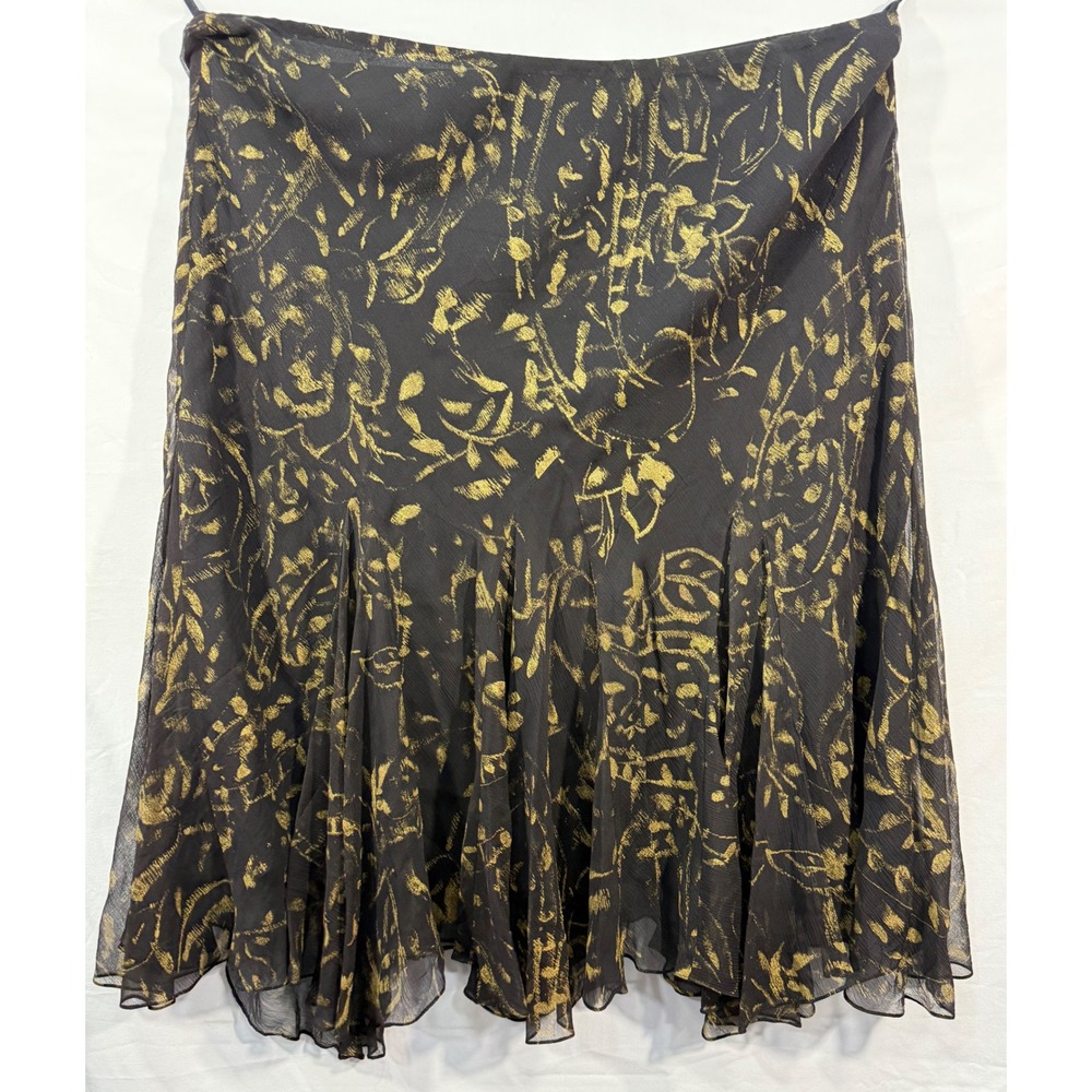 Lauren Ralph Lauren Black Gold Floral 100% Silk Chiffon Midi Skirt XL RN 41381